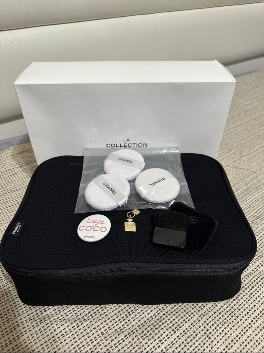 CHANEL Novelty Black Travel Cosmetic Case with Accessories